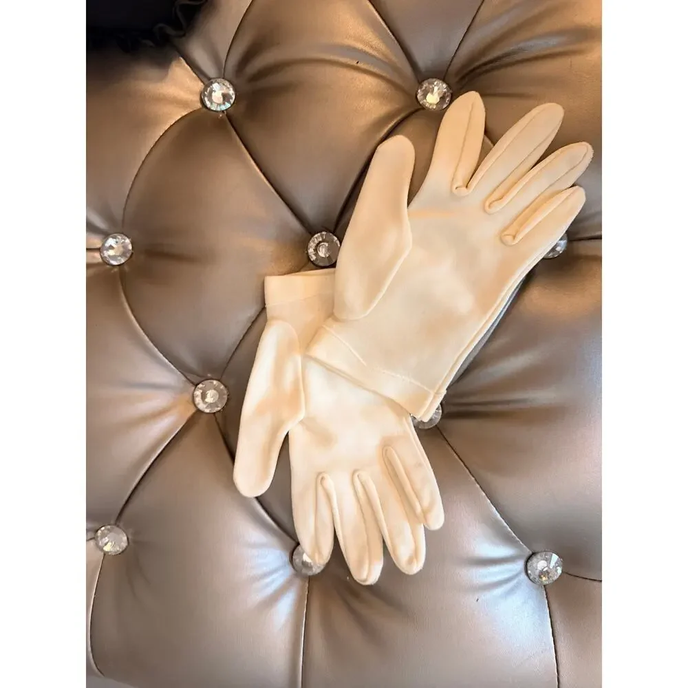Vintage 1950's Ladies Ivory Dress Gloves Scalloped Cuffs Miniature Bow Accents